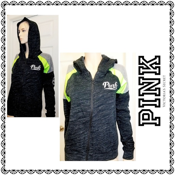 PINK Victoria's Secret Tops - {PINK Victoria's Secret} gray/neon zipup hoodie, M